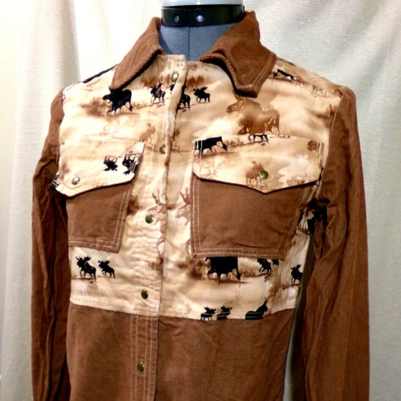 Western Snap up Shirt Jacket XS Brown Siennas Moose scene Corduroy Southwestern - Picture 4 of 7